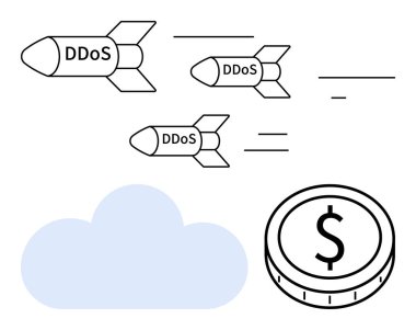 Üç adet DDoS füzesi bozuk para ve buluta doğru hızlanıyor. Siber tehditler, çevrimiçi güvenlik, risk, mali hasar, bilişim altyapısı, koruma, soyut düz metafor için ideal