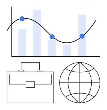 Moda çizgisi olan bar grafiği, iş çantası ve küresel ulaşımı simgeleyen küre. Analiz, pazarlama, strateji, finans, küresel iş, kurumsal hedefler, düz çizgi metaforu için ideal