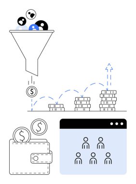 Gelir getiren, madeni paraları biriktiren para dolu cüzdan, arayüzde kullanıcı profilleri olan bir huni. Pazarlama, satış, finans, iş büyümesi, müşteri başarı dönüşüm stratejileri için ideal