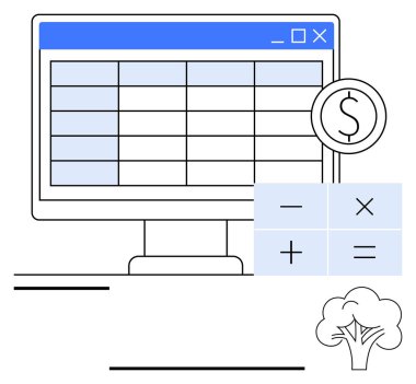 Hesap tablosu, dolar simgesi, hesap makinesi sembolleri ve ağaç içeren bilgisayar ekranı. Finans, muhasebe, veri girişi, ekolojik bilinçli iş planlaması ve analizi için ideal. Soyut satır düzlüğü