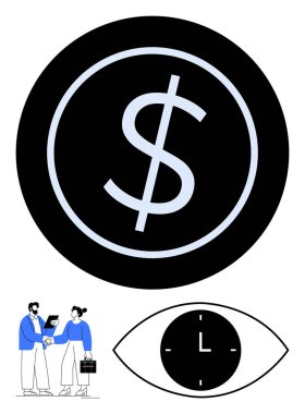 Siyah çemberdeki büyük dolar işareti, profesyoneller el sıkışıyor, saat göz içinde. Finans, ortaklık, verimlilik, zaman değeri, planlama, işbirliği için ideal düz çizgi metaforu