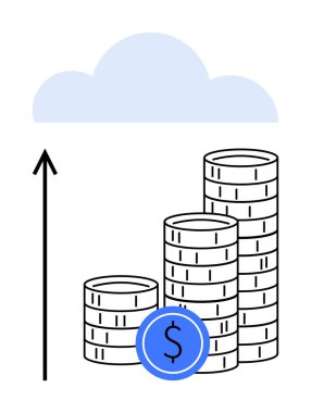 Yukarı doğru giden bir okun altındaki bozuk paralar buluta çıkıyor. Finans, yatırım, büyüme, tasarruf, dijital ekonomi, bulut hesaplama ve yenilik için ideal. Satır metaforu