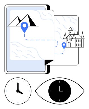 Harita, güzergah, iğne, saat ve göz ikonlu akıllı telefon ekranı navigasyon, zaman ve keşfi temsil ediyor. Seyahat için ideal, teknoloji planlaması zaman yönetimi coğrafya araştırması soyut