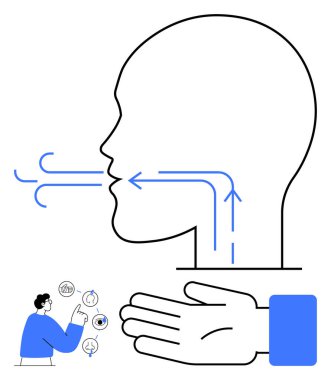 Kafa profili, hava akışı çizgileri, bir işaret figürü ve bir el. Solunum sağlığı, farkındalık, rahatlama, yoga, meditasyon sağlık eğitimi ve öğretici rehberler için idealdir. Satır metaforu