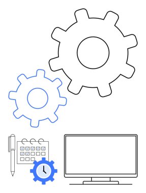 İşbirliği ve verimliliği temsil eden dişliler, zaman yönetimini sembolize eden bir takvim ve saat, planlama için bir kalem ve dijital çalışma alanı olarak bir bilgisayar monitörü. İş ve teknoloji için ideal.