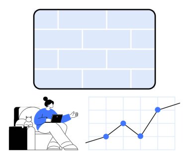 Bir kadın bir kediyle koltukta otururken dizüstü bilgisayar kullanıyor, yukarı doğru büyüyen bir grafikle ve soyut tuğla duvar deseniyle meşgul oluyor. Veri analizi, üretkenlik, uzaktan çalışma, hedef izleme için ideal