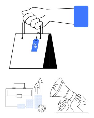 Yüzde etiketli el çantası, evrak çantası, bozuk para ve bar çizelgesi, konuşma baloncuklu megafon. Pazarlama, e-ticaret, satış, finans, iş büyümesi reklamları için ideal