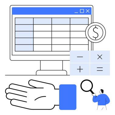 Hesap tablosu, dolar işareti, hesap makinesi düğmeleri, el, büyüteç. Finansal planlama, denetleme, bütçe hesaplama, araştırma veri yönetimi iş analizi yatırımı için ideal
