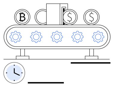 Bitcoin ve dolar paralarını dönüştüren dişli teçhizatlı taşıyıcı. Saat zaman kavramı ekler. Fintech, otomasyon, kripto, verimlilik, yenilik, zaman yönetimi, soyut düz metafor için ideal