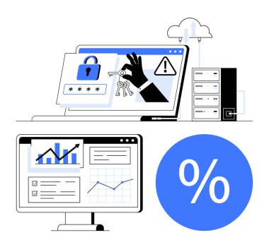 Ekranda siber güvenlik ihlali, uyarı işaretleri ve veri erişim anahtarları görünüyor. Başka bir ekranda veri analizleri, grafikler ve grafikler gösteriliyor. IT güvenliği, veri koruması, risk yönetimi siberi için ideal