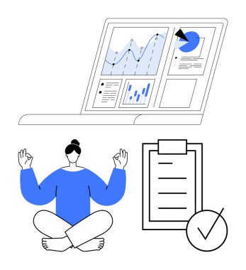 Çizelgeli dizüstü bilgisayar, işaretli kontrol listesi, mavili meditasyon yapan kişi. Üretkenlik, veri analizi, iş akışı, hedef belirleme, odaklanma, iş-yaşam dengesi düz çizgi metaforu için idealdir