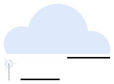 Büyük bulut şekli, rüzgar türbini yayıyor, sinyaller yayıyor, soyut minimalist çizgiler. Teknoloji, sürdürülebilirlik, yenilenebilir enerji, bulut depolama, yeşil teknoloji, veri ağı, soyut çizgi düz