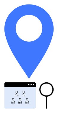 Web penceresinin üzerinde kullanıcı simgeleri ve büyüteçle yer izleme, kullanıcı araştırması ve arama araçlarını sembolize et. Navigasyon, harita, analitik, veri, uygulama ve soyut çizgi için ideal