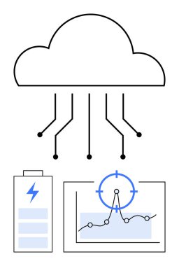 Veri depolama, enerji kullanımı ve performans izlemesini temsil eden bağlantı hatları, pil ikonu ve analitik grafiği olan bulut. Teknoloji, IOT, AI, sürdürülebilirlik iş yeniliği için ideal