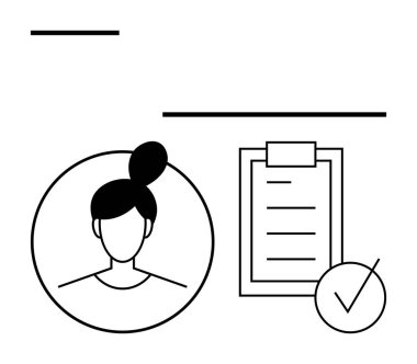 Dairesel çerçeve içinde bir pano ve işaret simgesiyle kadın avatarı. Kullanıcı profilleri, hesap ayarları, görev izleme, veri doğrulama, HR yönetimi, iş uygulamaları, hedef ayarları için ideal