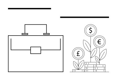 Evrak çantası işletme, dolar, avro ve yığınla para birimini simgeliyor. Yatırım, tasarruf, iş, ekonomik büyüme, zenginlik yönetimi, soyut finans hattı için ideal