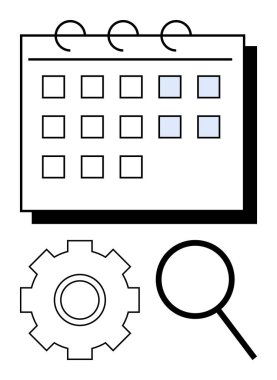Vurgulanmış tarihler, vites simgesi ve büyüteçle sadeleştirilmiş takvim. Planlama, verimlilik, zaman yönetimi, organizasyon, yenilik planlayan etkinlikler için idealdir. Soyut satır düzlüğü