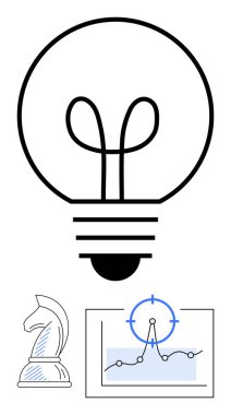 Fikirleri sembolize eden ampul, stratejik düşünme için satranç taşı, analitik veri takibini gösteren grafik. Yaratıcılık, yenilik, strateji, planlama, araştırma, soyut çizgi için ideal