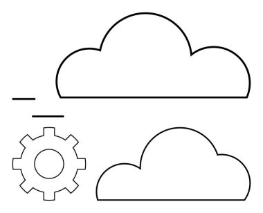 İki bulut simgesi, bir dişlinin yanında hareket gösteren çizgiler. Bulut hesaplama, veri transferi, eşzamanlama, teknoloji entegrasyonu, ağ hizmetleri, dijital yenilik, yazılım için ideal