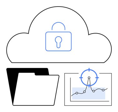 Kilitli bulut güvenli depolamayı simgeler, dizin dosya düzenini gösterir ve grafik veri analizini vurgular. Siber güvenlik, gizlilik, bulut hesaplama, analitik, iş, dijital için ideal