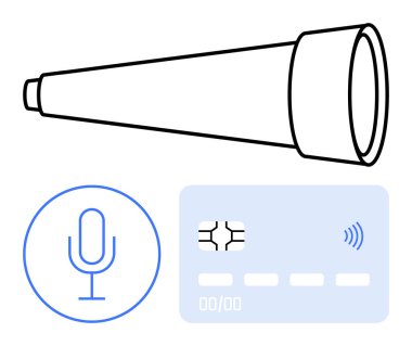 Telescope with bold outline, microphone symbol in blue circle, contactless payment card. Ideal for communication, technology, security, exploration, innovation, broadcasting abstract line flat clipart