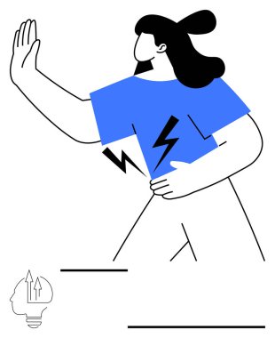 Durmak için elini kaldıran kadın, enerji sembolleriyle süslenmiş mavi gömlek, gücü, odaklanmayı veya direnişi simgeliyor. Güç, sınırlar, yetkilendirme, enerji özgüveni kişisel kavramları için idealdir.