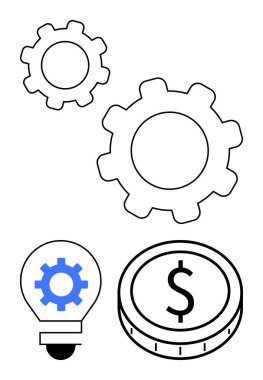 Vitesler, dişli ampul, ve dolar bozuk para yenilikleri, takım çalışması, süreç ve finans. İş, strateji ve teknoloji için ideal. Ekonomik büyüme yatırımı soyut çizgi düz.
