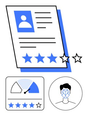Profil detayları, yıldız reytingleri, performans ölçer ve yüz tarama diyagramı ile devam edin. İşe alım, insan kaynakları, işe alım, yetenek yönetimi, yapay zeka değerlendirmeleri, veri analizi soyut çizgisi için ideal