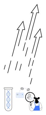 Mavi önlüklü bilim adamı test tüpü ve DNA ipliği ile mikroskop altında genetik verileri inceliyor. Yükselen dört ok büyümeyi gösteriyor. Bilimsel araştırma, ilerleme ve yenilik için ideal