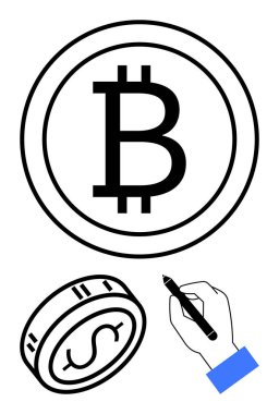 Büyük Bitcoin sembolü bozuk para, daha küçük bir para ve kalemle çizilen el çiziminin yanında. Finans, kripto para birimi, dijital para birimi, yatırımlar, teknoloji, engelleme zinciri, eğitim temaları için idealdir. Çizgi