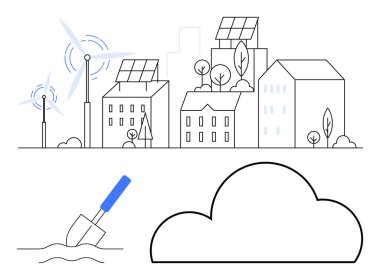 İçinde güneş panelleri, rüzgar türbinleri, ağaçlar, bahçe malası kazma toprağı ve bulut ikonu olan şehir manzarası. Sürdürülebilirlik için ideal, yenilenebilir enerji, kentsel planlama, yeşil