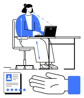 Ergonomik dizilimi olan bir masada çalışan bir kadın, işaretlenmiş bir özgeçmiş, desteği sembolize eden bir el. Ergonomik, işyeri verimliliği, kişisel markalaşma, iş arama, destek, ofis için ideal