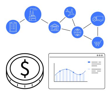 Bozuk para, çizgi grafiği, ve bağlı düğümler fabrika, depo, uçak, kamyon, dünya ve alışveriş arabası ikonları. Lojistik e-ticaret analitik tedarik zincirleri için ideal soyut ticaret