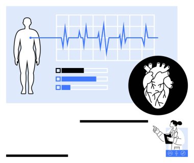 İnsan figürü, kalp atışı grafiği, kalp anatomisi, veri tabloları ve bilgileri inceleyen doktor. Sağlık, teşhis, kardiyoloji, araştırma teknolojisi sağlık analizi için ideal