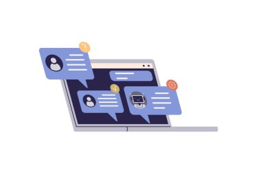 Mesajlar ve kullanıcı simgeleri içeren çoklu sohbet baloncukları içeren dizüstü bilgisayarı aç. Müşteri desteği, çevrimiçi iletişim, teknoloji hizmetleri, iş danışmanlığı ve dijital pazarlama için ideal. Minimalist