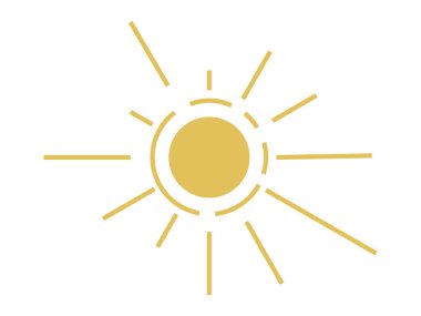 Işıldayan çizgileri olan sarı bir güneşin basit çizimi. Yaz temaları, ikonlar, enerji kavramları, güneşli günler ve doğayla ilgili tasarımlar için idealdir. Minimalist modern tarz