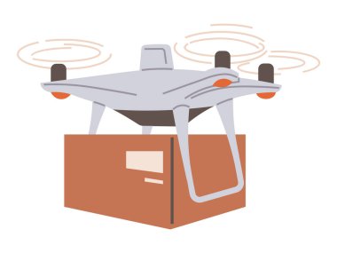 A drone is flying while carrying a package beneath it. The drone has four propellers and is hovering to deliver its load. Ideal for delivery services, modern technology, ecommerce, logistics, and clipart