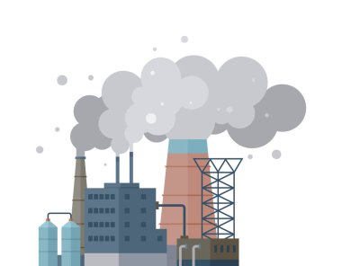 A factory emits dense smoke from multiple chimneys with industrial buildings, silos, and support structures. Ideal for environmental issues, industrial themes, pollution awareness, climate change clipart