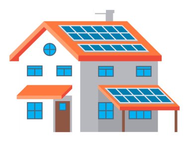 Fotovoltaik güneş panelleri çatı enerjisi ile yenilenebilir sürdürülebilir köy binası. Şehir caddesinde bir aile evi. İzole edilmiş vektör modern çevre dostu ev, geleceğin akıllı teknolojileri