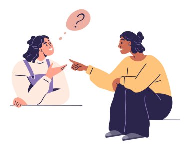 Two women are seen deep in conversation. One woman points while talking, and the other listens with a questioning expression, represented by a question bubble. Ideal for communication, dialogue clipart