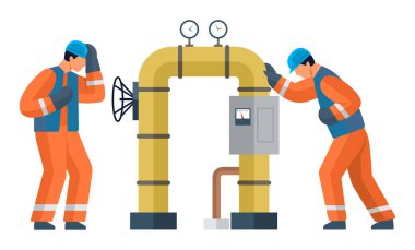 Two engineers in orange safety uniforms examining a large yellow industrial pipeline with gauges and control panel. Ideal for industrial safety, engineering, mechanics, oil. Poor working conditions clipart