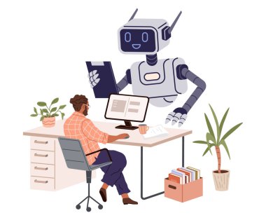 Masada çalışan bir adama elinde dosya tutan büyük bir robot yardım eder. Çalışma alanı bir bilgisayar, bitkiler ve ofis malzemelerini içeriyor. Teknoloji, otomasyon, birlikte çalışma ve geleceğin için ideal.