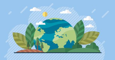 Yeşil kıtaları ve mavi okyanusları olan biçimlendirilmiş bir dünya güneşin altında büyük yapraklar ve bulutlarla çevrilidir. Çevre koruma, sürdürülebilirlik ve doğa koruma konuları için ideal