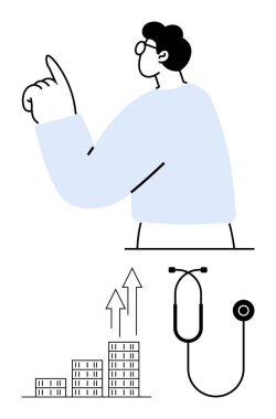 Yükselen eğilimlere odaklanan kişi, büyümeyi vurgulayan bar tablosu, sağlık steteskopu. Ticari başarı, sağlık büyümesi, yenilik, analitik, planlama, istişare için ideal