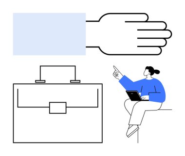 Diz üstü bilgisayarı üzerinde çalışan bir kadın, en az evrak çantası, el hareketi. İş stratejisi, takım çalışması, liderlik, yön, iş hayatı, kariyer büyüme soyut çizgisi düz metafor için ideal