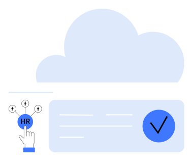 Cloud icon with HR selection interface. Hand clicking HR button with upward arrows. Ideal for HR, management, cloud services, data analytics, approvals, user interactions online platforms. Line clipart