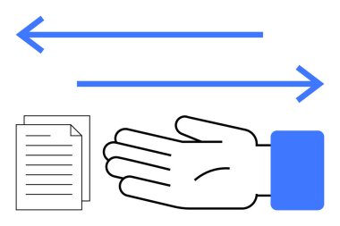 Sağ ve solu gösteren mavi okları olan kağıtlara uzanan el. Ticaret, iletişim, belgeler, takas, ticaret, bilgi akışı ve takım çalışması temaları için idealdir. Satır metaforu