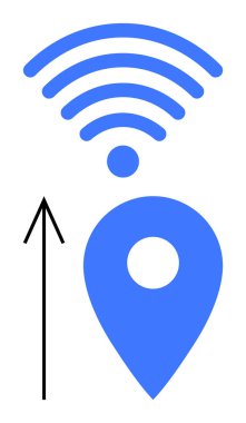 Kablosuz sinyalli mavi lokasyon iğnesi ve yukarı bakan ok. Haritalar, teknoloji, bağlantı, navigasyon, yön bulma, internet erişimi ve seyahat planlaması için ideal. Satır metaforu