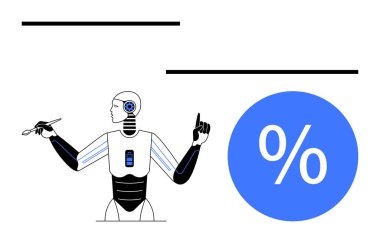 Robot yüzde sembolünü vurgularken kalem ve aygıt kullanıyor. Yapay zeka, otomasyon, geleceğin teknolojisi, veri analizi, finans, eğitim ve yenilik temaları için idealdir. Soyut çizgi düz metafor