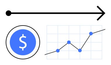 Çemberde dolar, yukarı doğru ilerleme çizgisi grafiği ve düz ok. Mali planlama, yatırım büyümesi, iş geliştirme, kâr eğilimleri, analitik izleme, hedef başarı için ideal